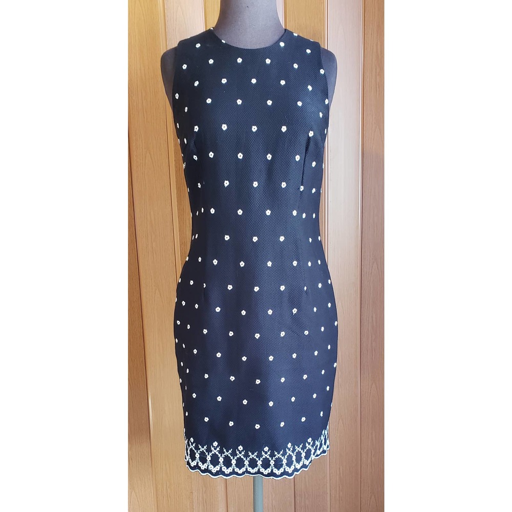 Ann Taylor Navy Mini Dress with White Dot Pattern and Embroidered Hemline